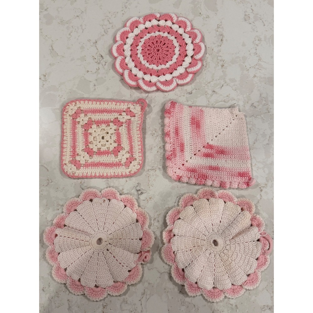 Vintage Crochet Potholders‎ Trivets Set of 5 Pink Cream Handmade Granny Square